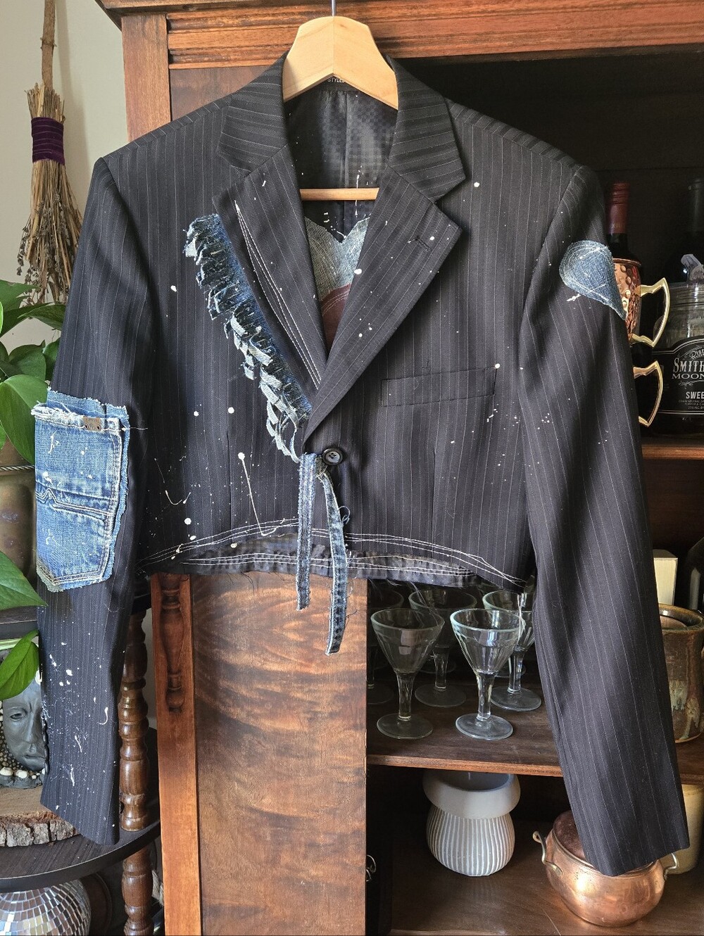 UPCYCLED Black Pinstripe Blazer Cropped, Splatter Painted, Denim  Details,